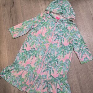 Lilly Pulitzer Palm Tree Hoodie Swim Cover-Up XL12-14 Pink Green Tropical Print